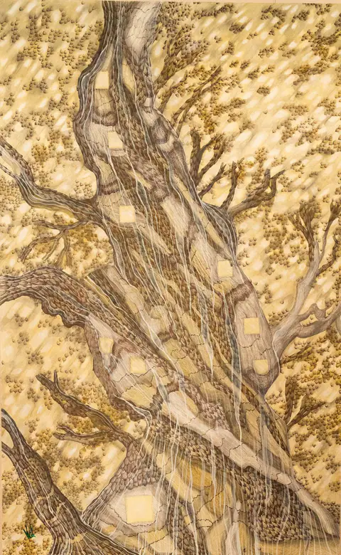 Habitat arbre du vent : un grand arbre aux branches entrelacées, dessiné en lignes fines et répétées sur un fond ocre et doré.