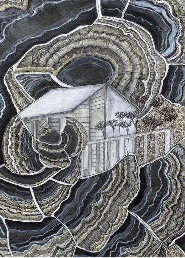 Détail : la cabane entourée de cernes noirs et dorés.