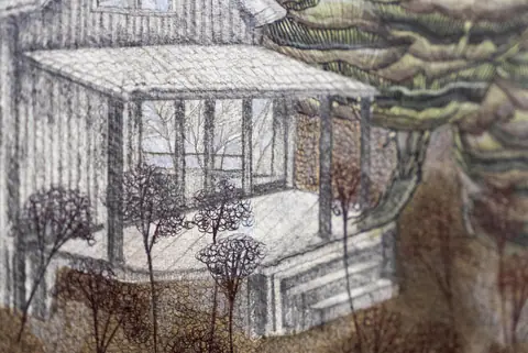 Une cabane en bois dessinée au crayon, entourée de strates ondulantes.