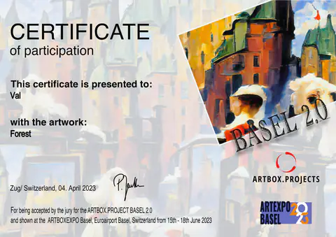 Certificat de participation à Artbox.Projects Basel 2.0 pour l'œuvre « Forest ».