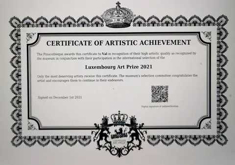 Certificat de réussite artistique, Luxembourg Art Prize 2021.