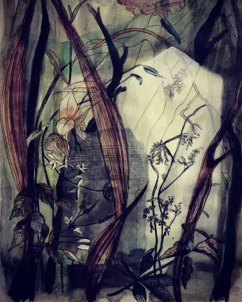 Feuillages sombres et fleurs dessinées dans une lumière violette.