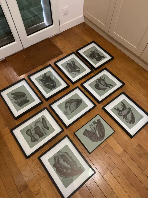 Dix dessins encadrés de noir posés à plat sur un parquet.