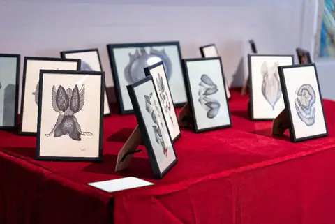 Dessins encadrés disposés sur une table rouge, vus de près.