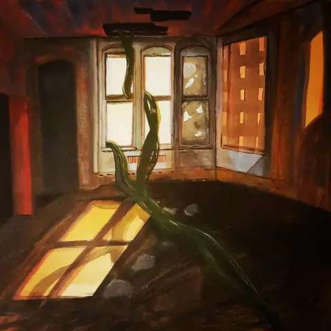 Pièce orangée, fenêtre en rotonde ; une tige verte s'élève.
