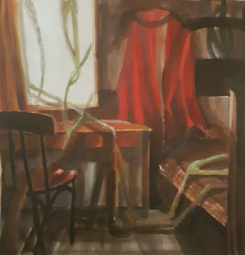 Chaise et étoffe rouge près d'une fenêtre ; racines vertes.