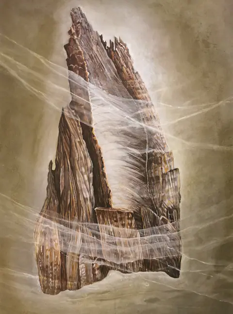 Une roche fendue, striée de lignes fines, traversée de voiles blancs.
