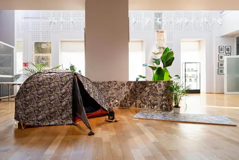 La tente aux motifs dessinés installée dans la salle d'exposition, à côté d'une grande plante.